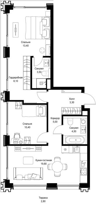 2-комнатная квартира, 70,8 м² — фото 1