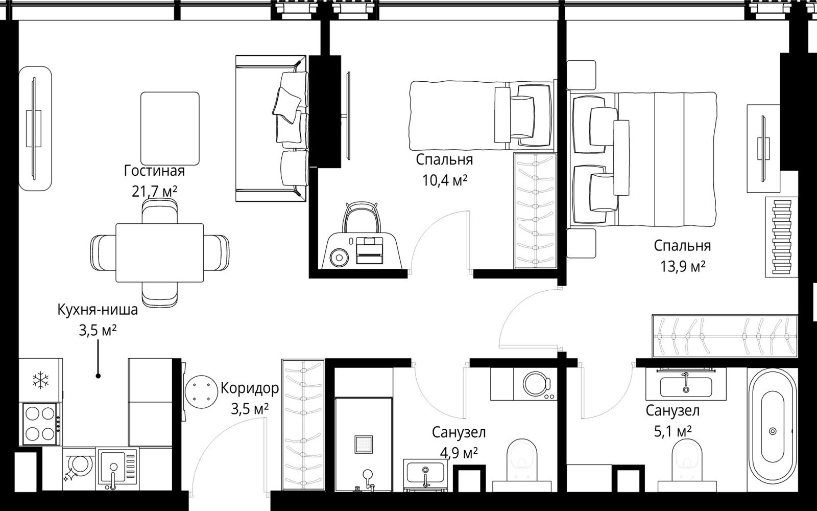 2-комнатная квартира, 63 м²