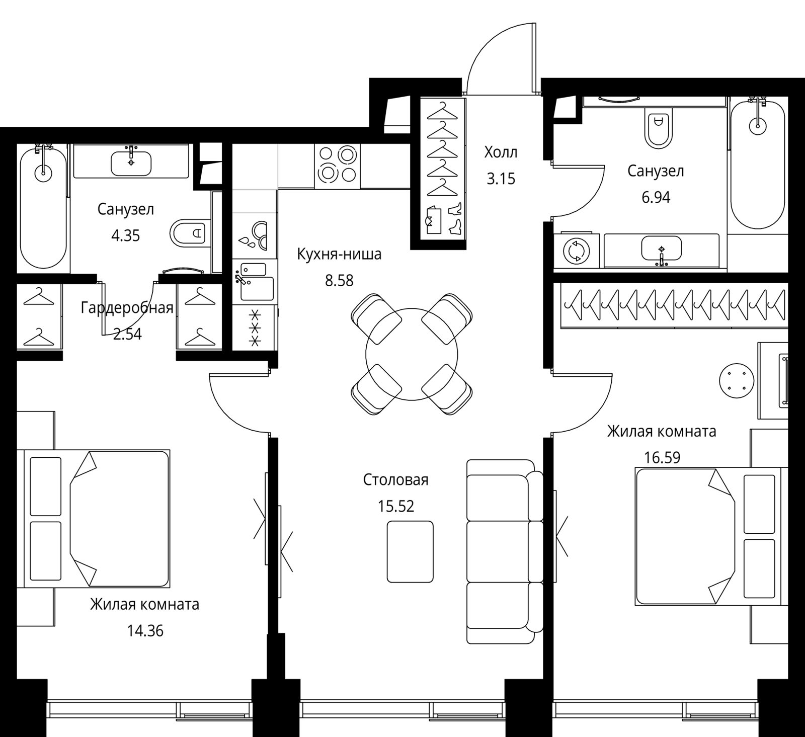 2-комнатная квартира, 72 м²