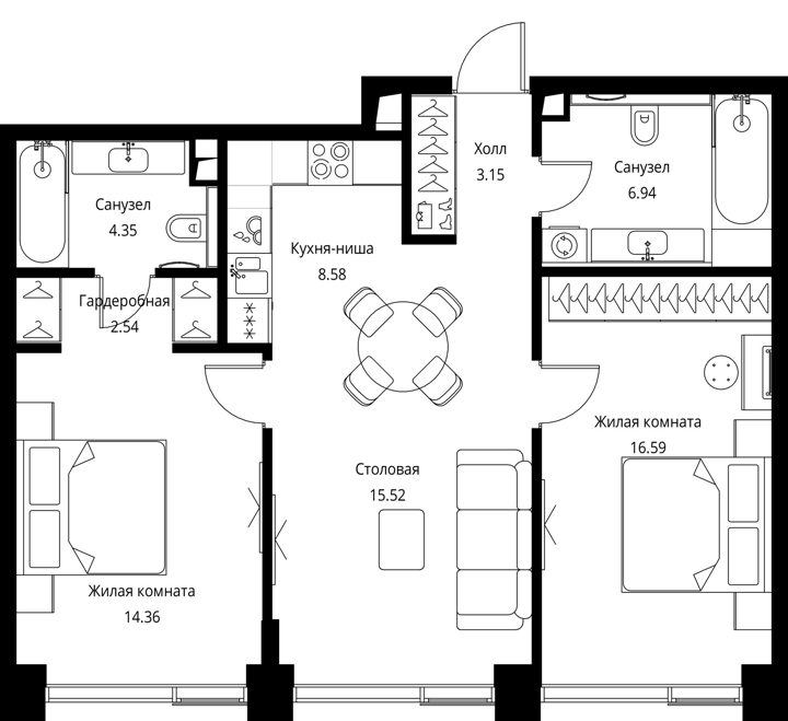 2-комнатная квартира, 72 м² — фото 1