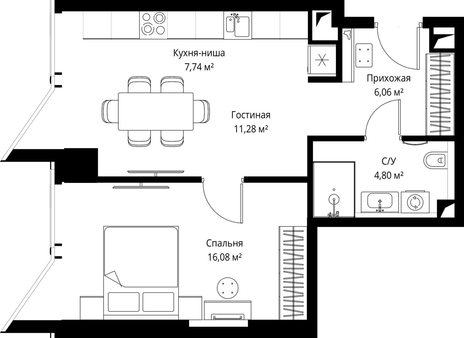 1-комнатная квартира, 45,7 м²