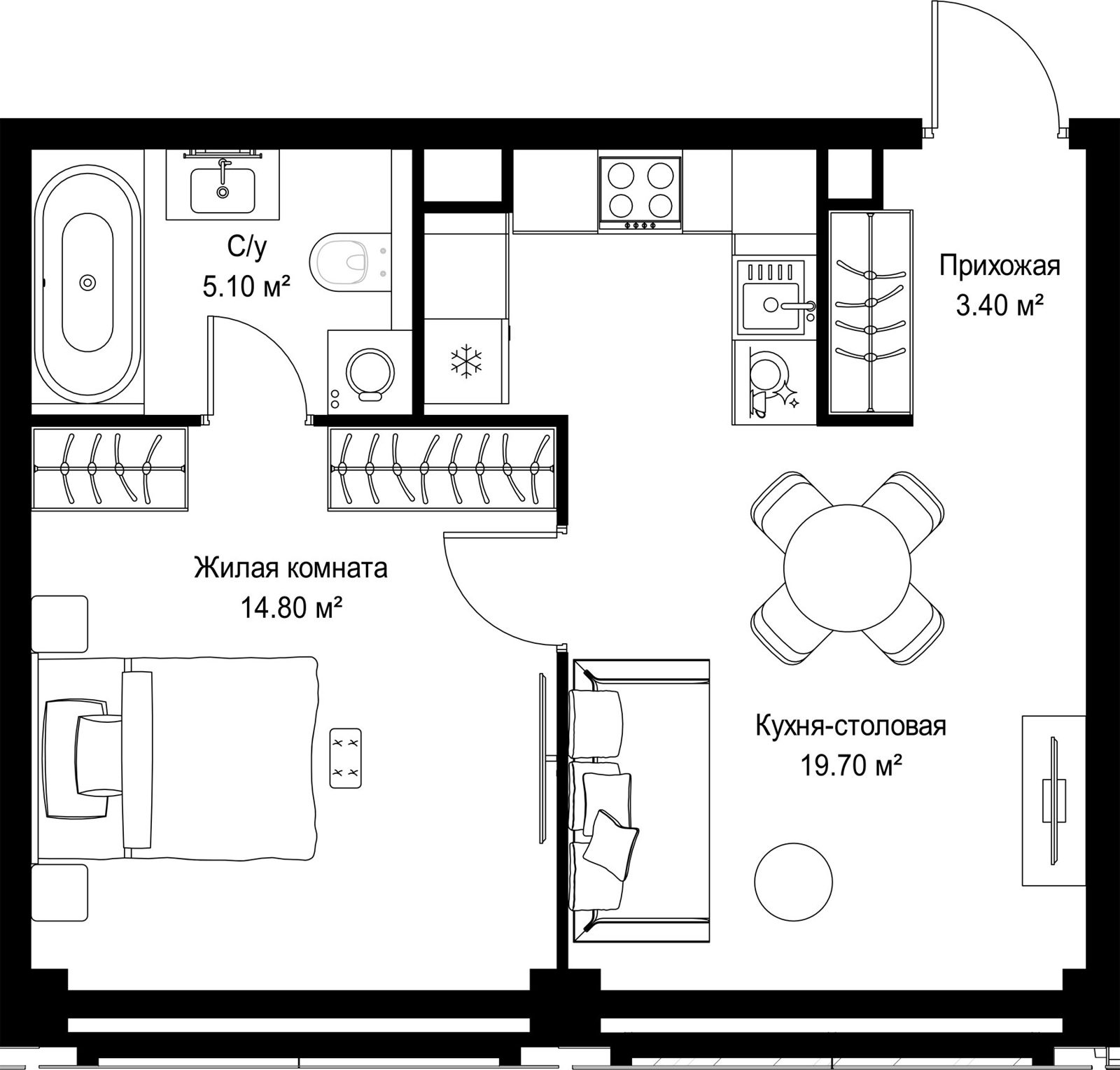 1-комнатная квартира, 43 м²