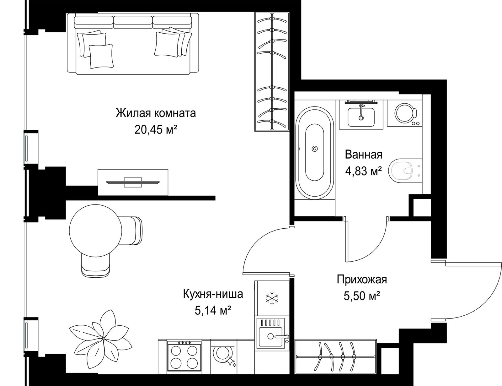 1-комнатная квартира, 35,9 м²