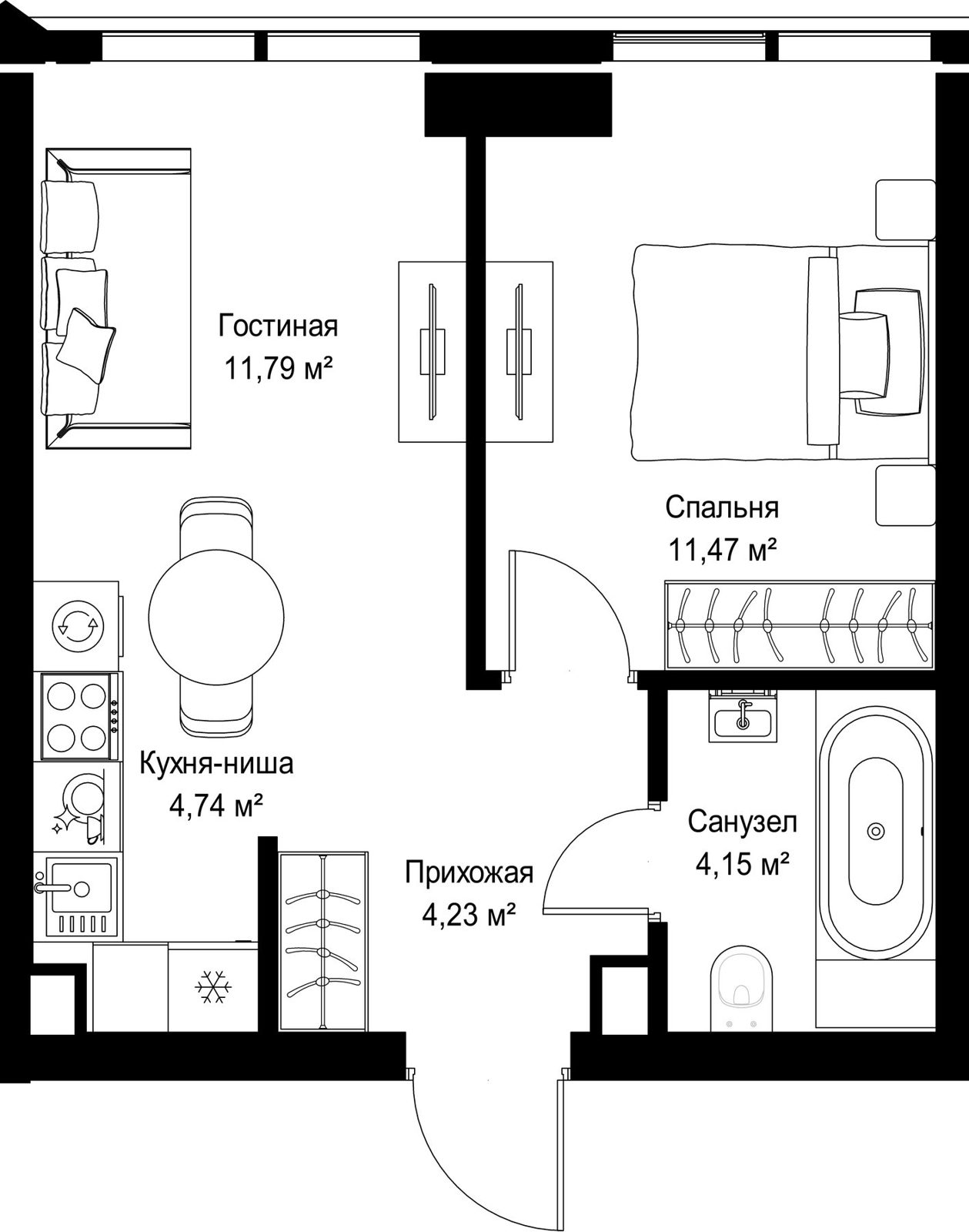 1-комнатная квартира, 36,4 м²