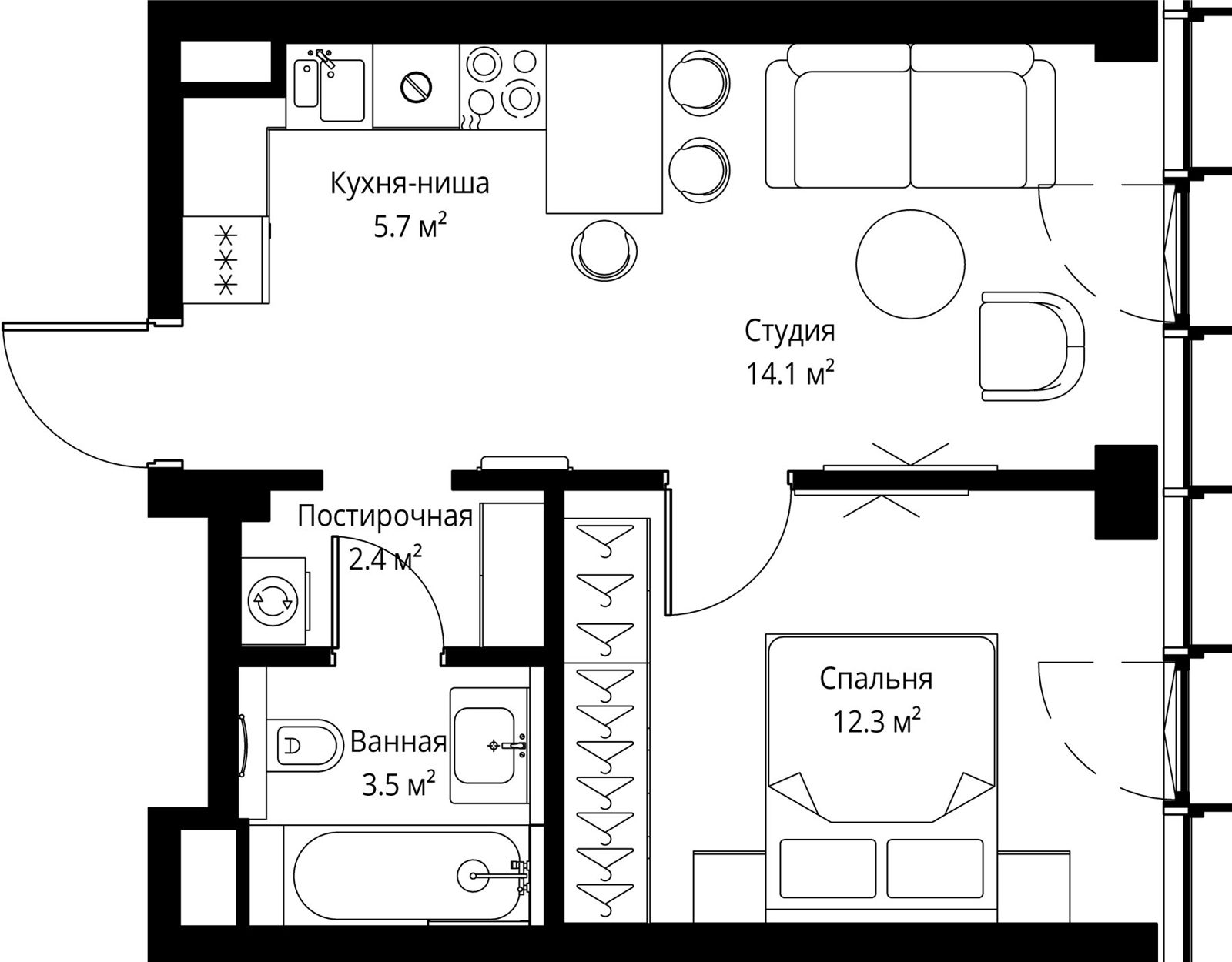 1-комнатная квартира, 38 м²