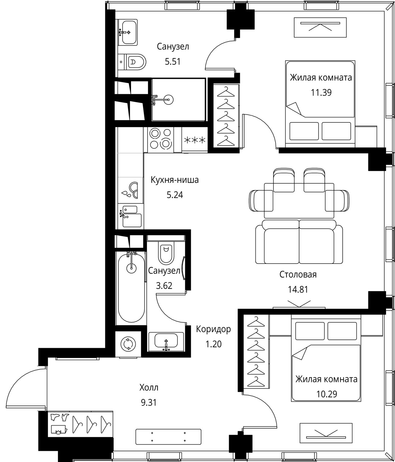 2-комнатная квартира, 61,4 м²