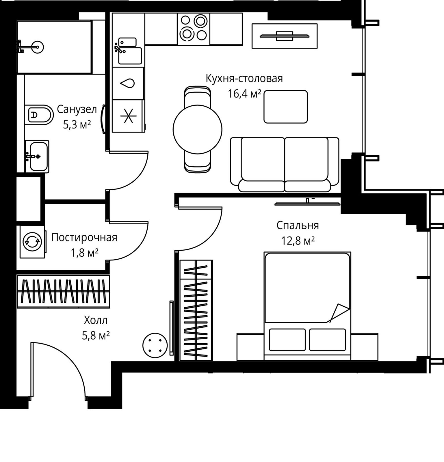 1-комнатная квартира, 42,1 м²