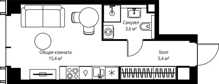 Квартира-студия, 24,4 м²