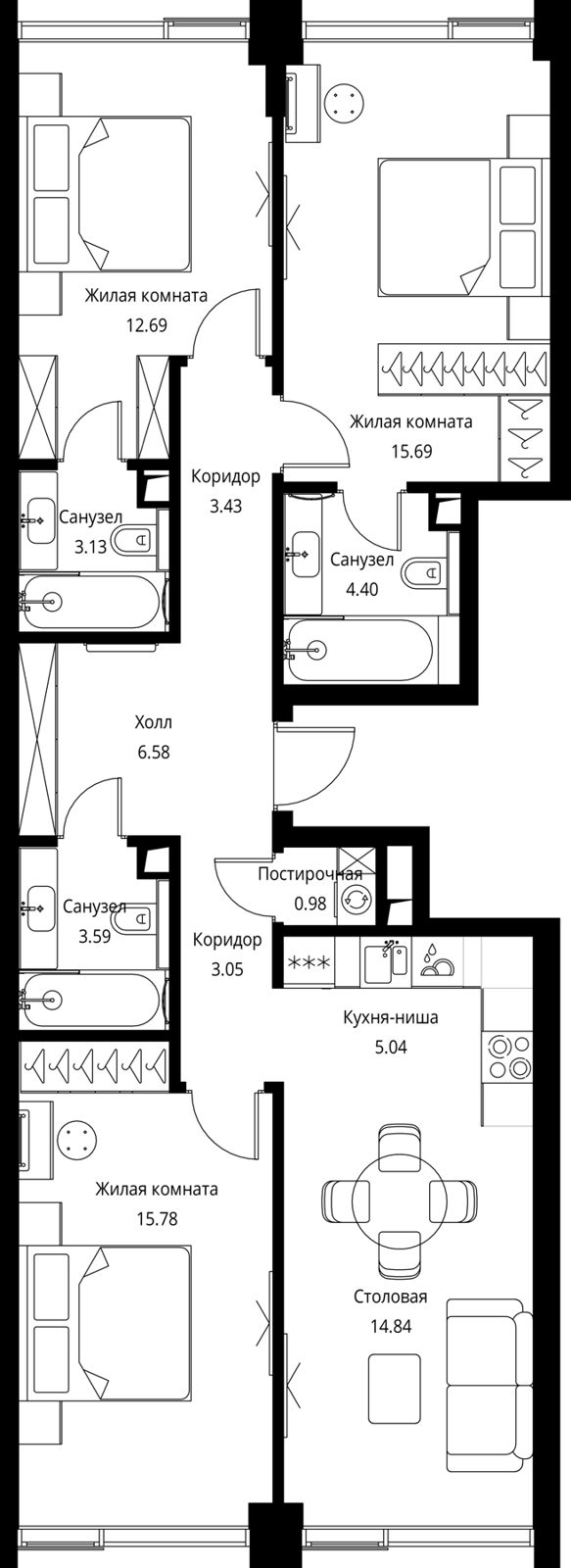 3-комнатная квартира, 89,2 м²