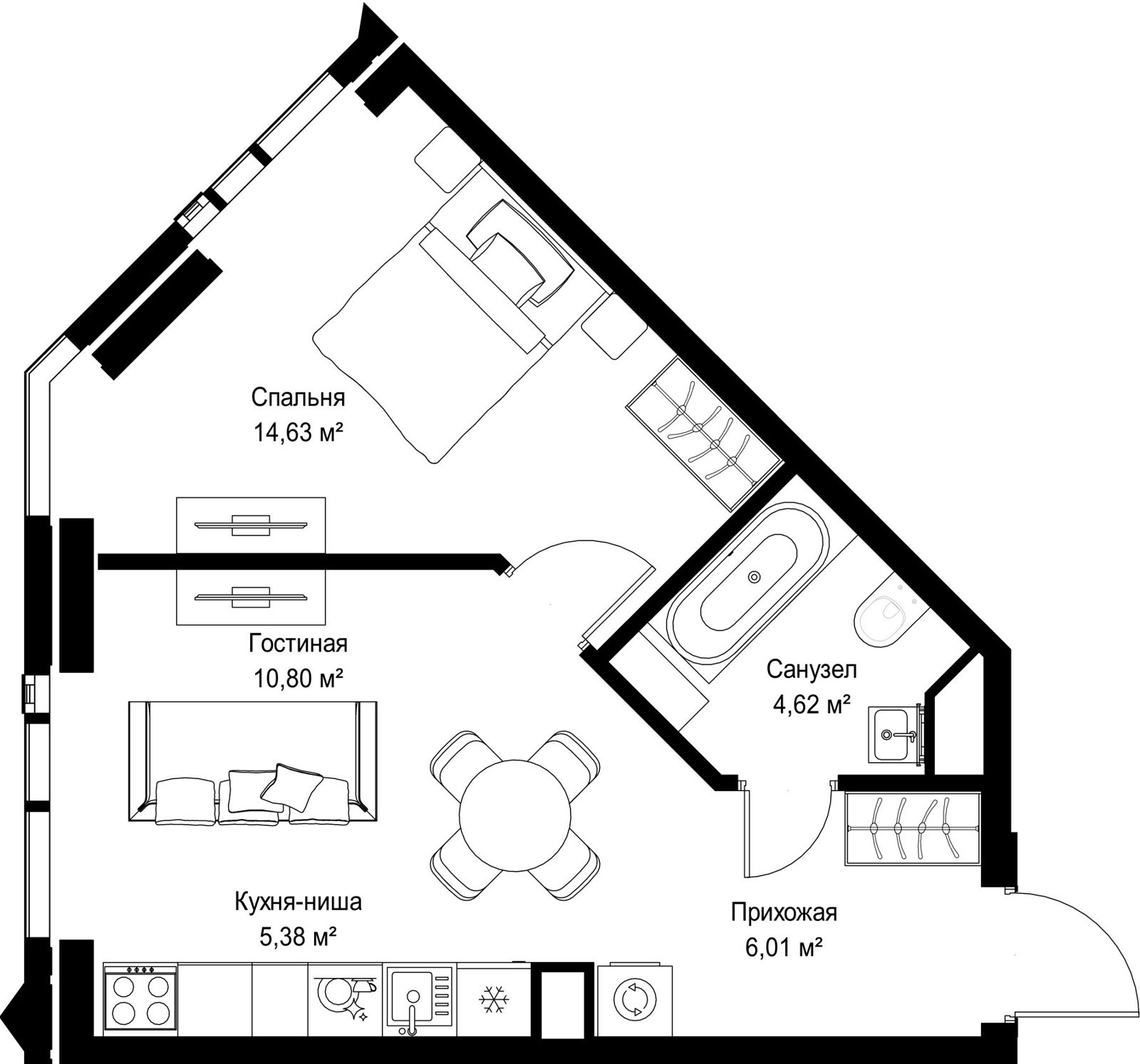 1-комнатная квартира, 41,4 м²