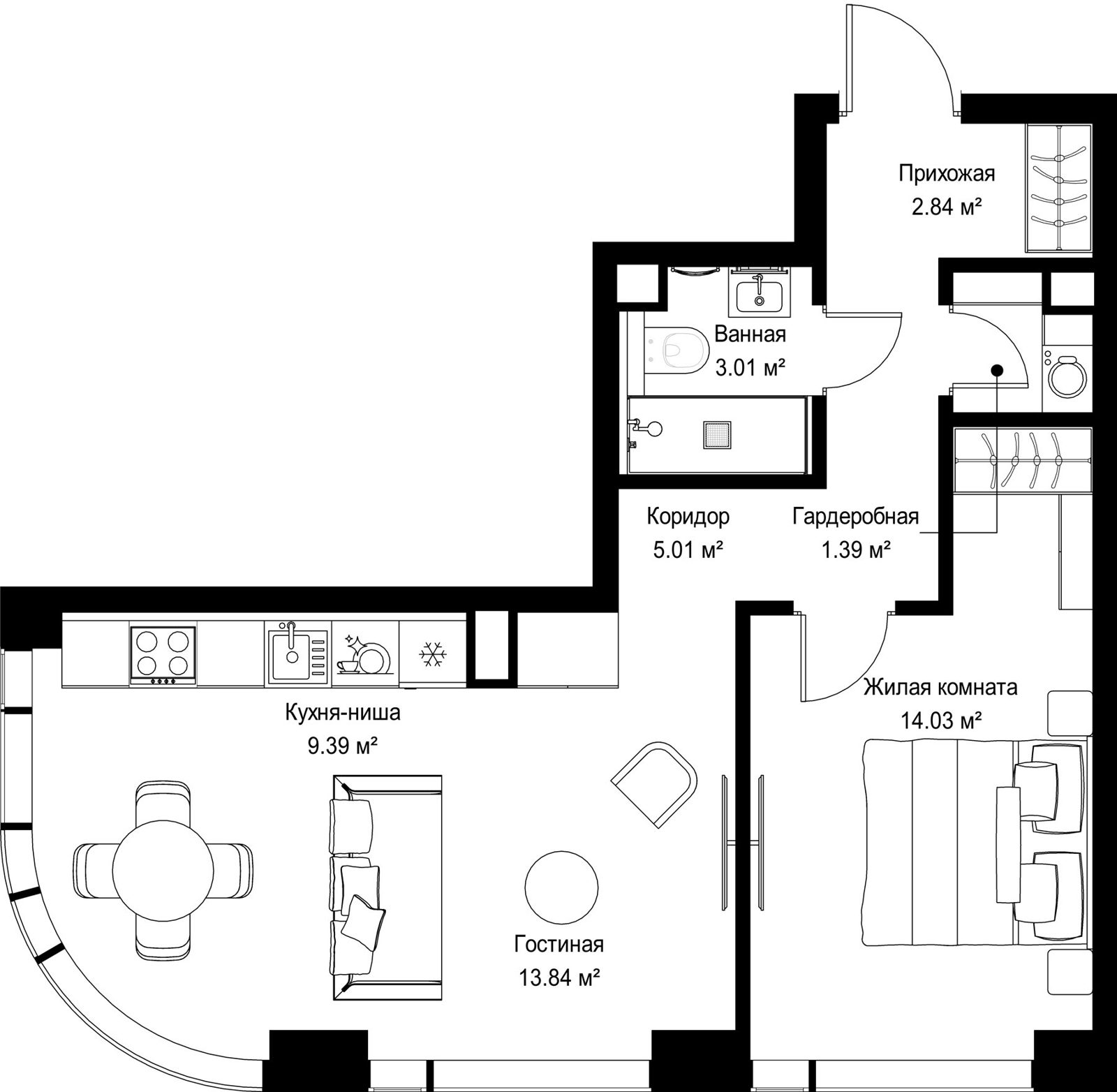 1-комнатная квартира, 49,5 м²