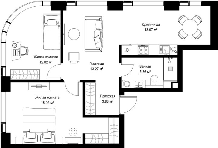 2-комнатная квартира, 65,6 м²