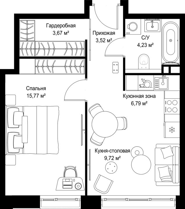 1-комнатная квартира, 43,7 м² — фото 1