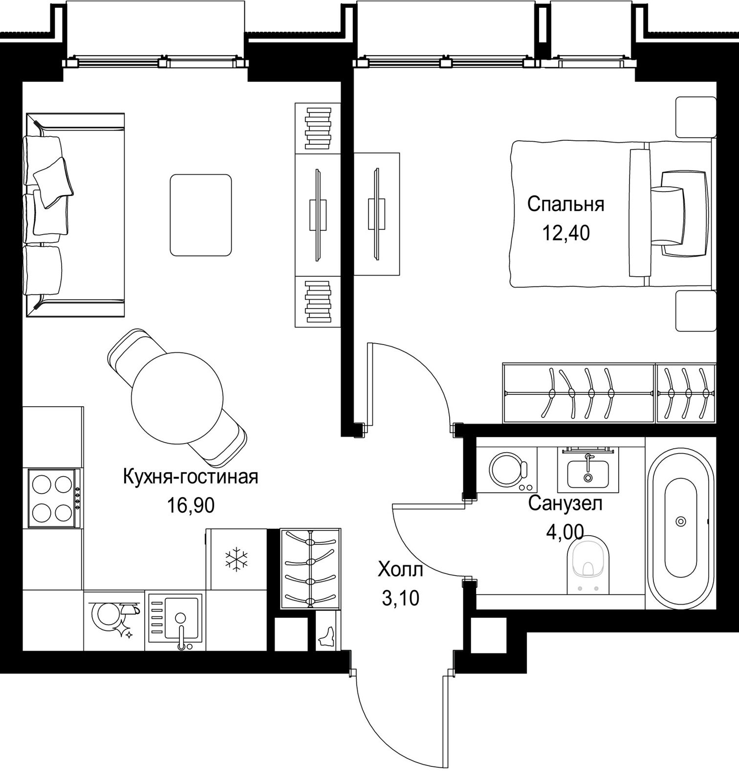 1-комнатная квартира, 36,4 м²