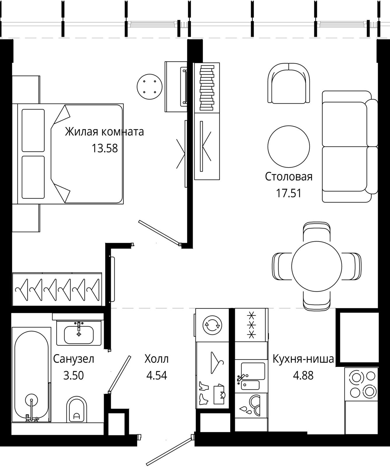 1-комнатная квартира, 44,1 м²