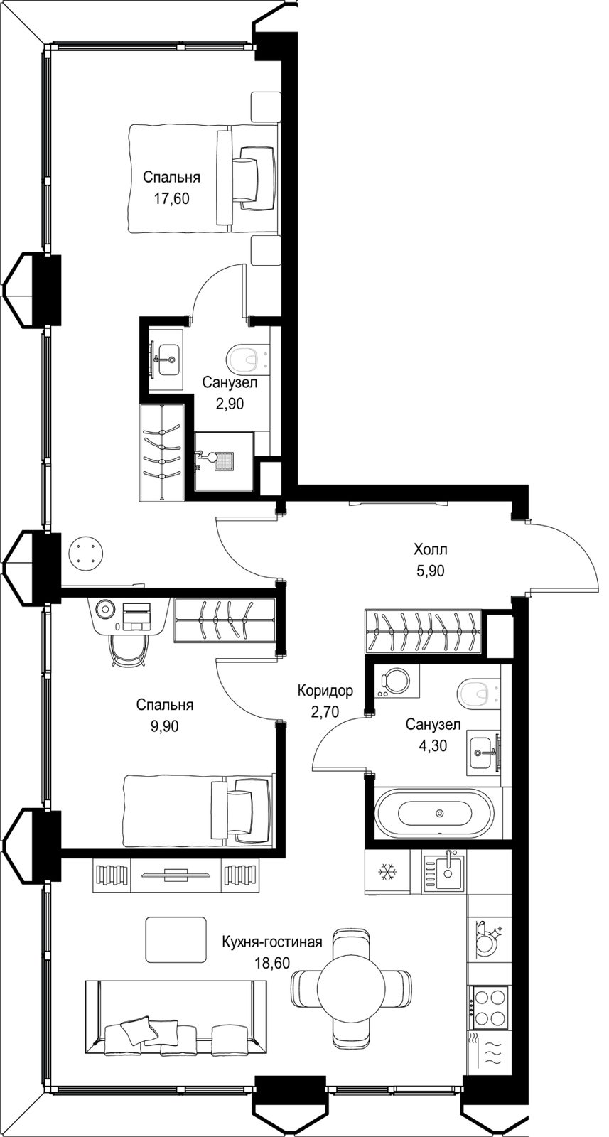 2-комнатная квартира, 61,9 м²