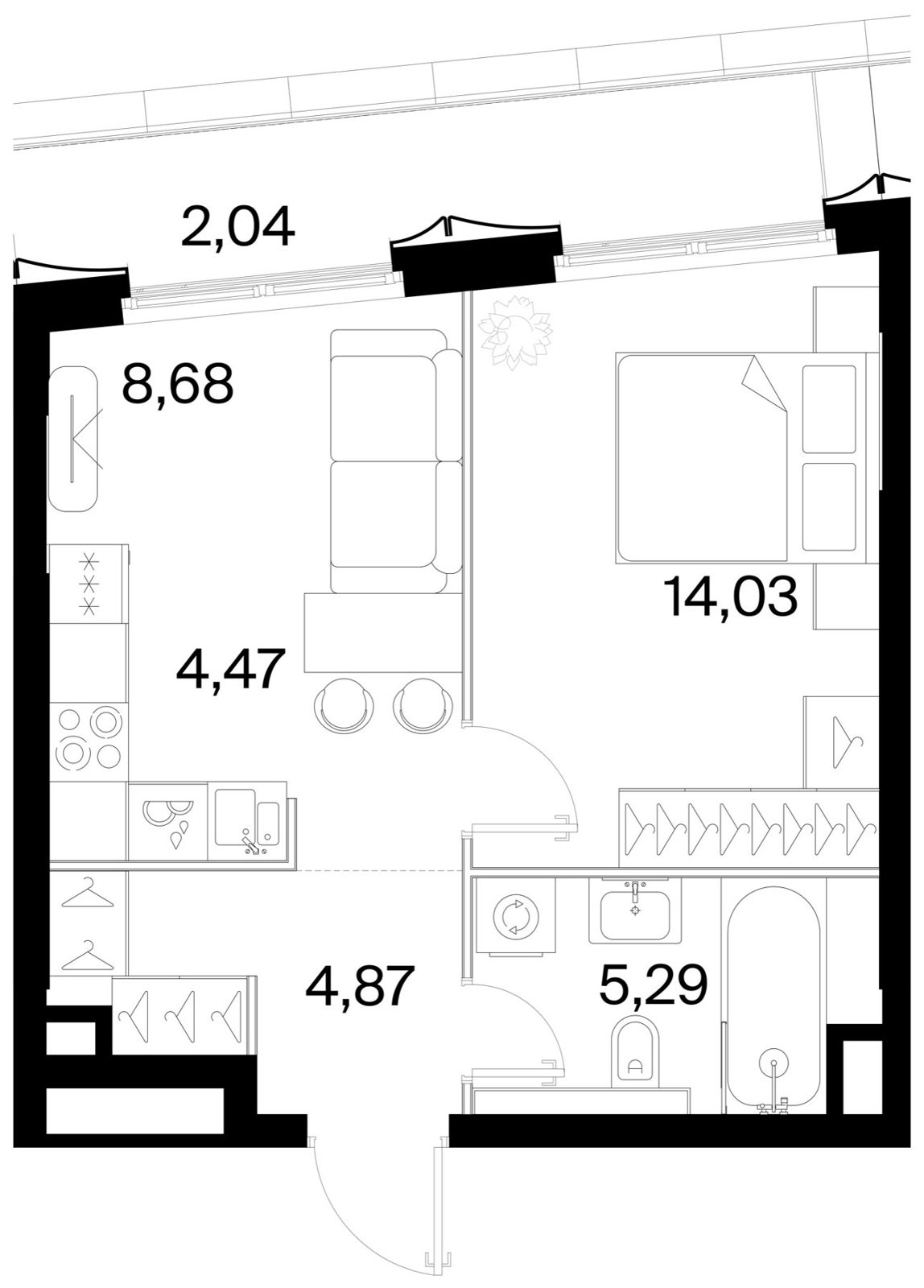 1-комнатная квартира, 39,4 м²