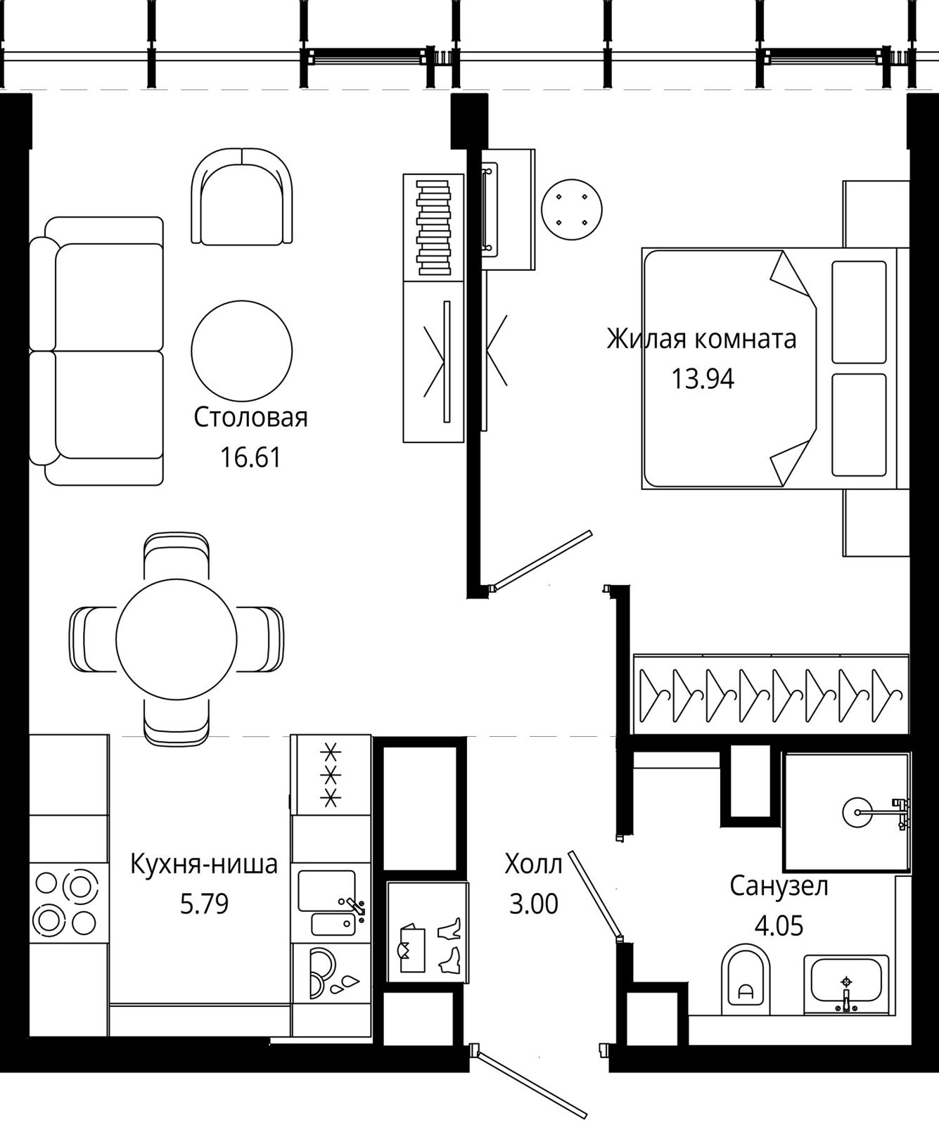 1-комнатная квартира, 43,8 м²