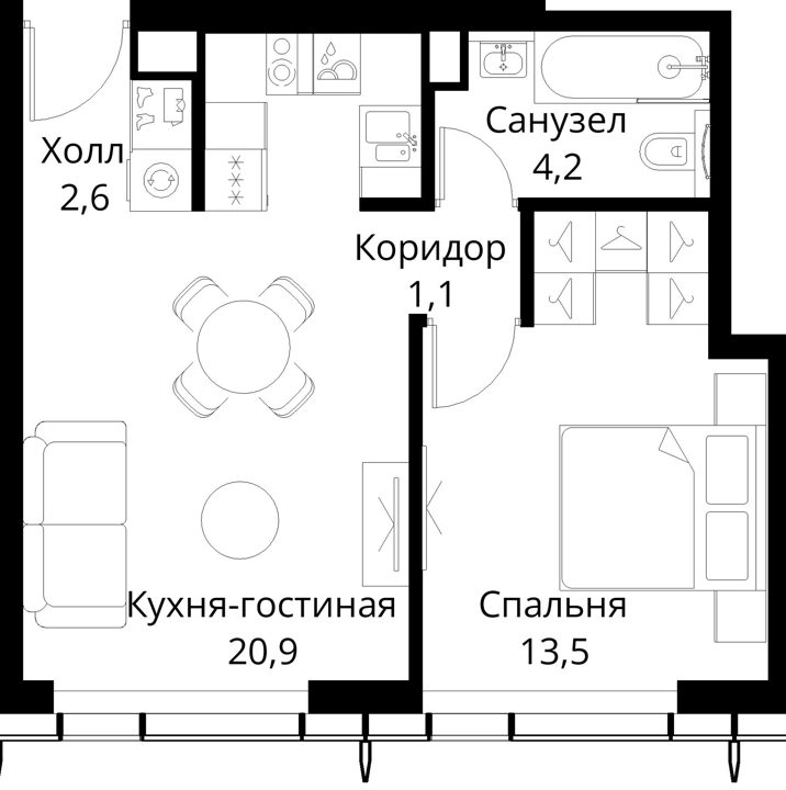 1-комнатная квартира, 42,3 м² — фото 1