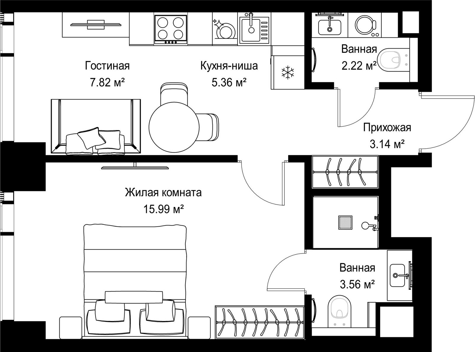 1-комнатная квартира, 38,1 м²