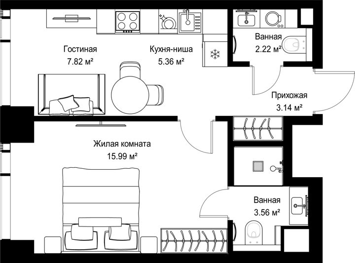 1-комнатная квартира, 38,1 м²