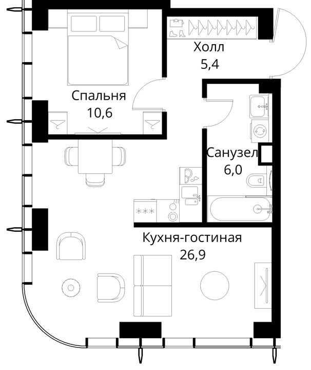 1-комнатная квартира, 48,9 м² — фото 1