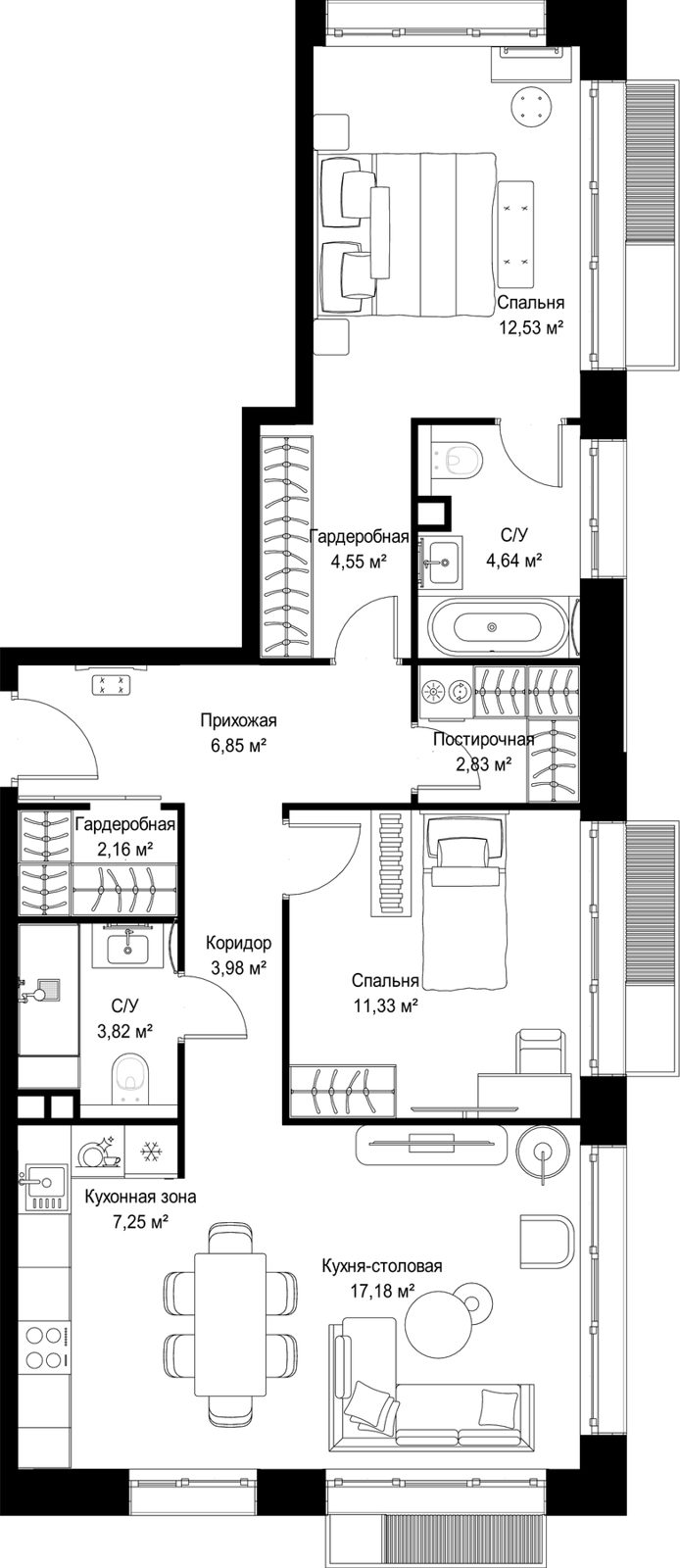 2-комнатная квартира, 77,1 м²
