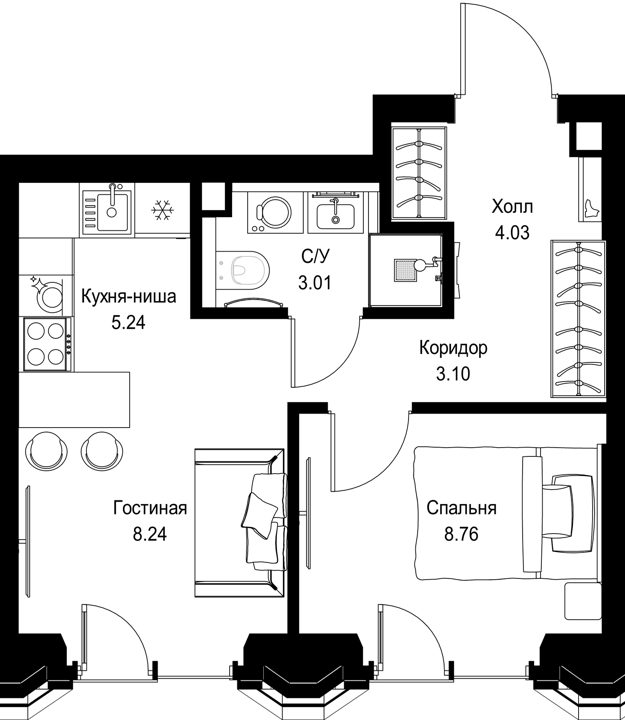 1-комнатная квартира, 31,7 м²