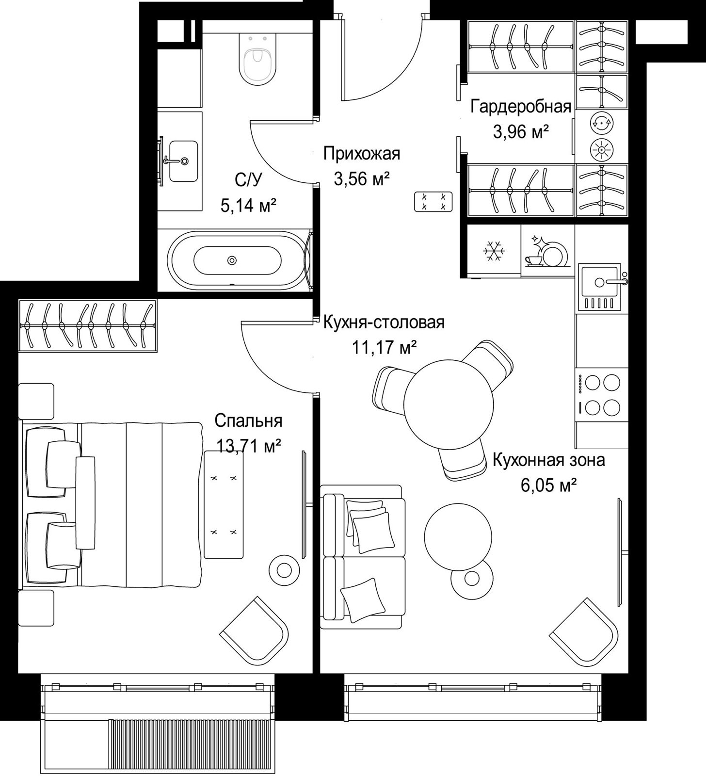 1-комнатная квартира, 43,6 м²