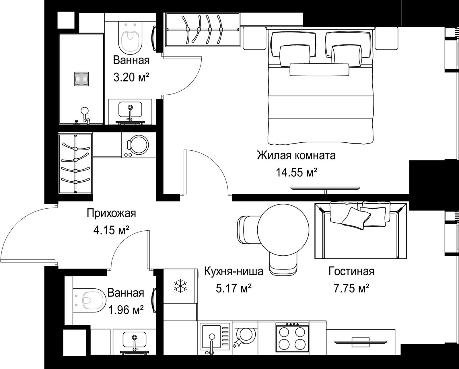 1-комнатная квартира, 36,8 м²