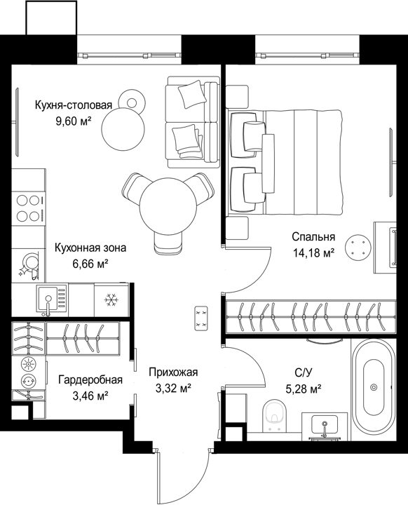 1-комнатная квартира, 42,5 м² — фото 1