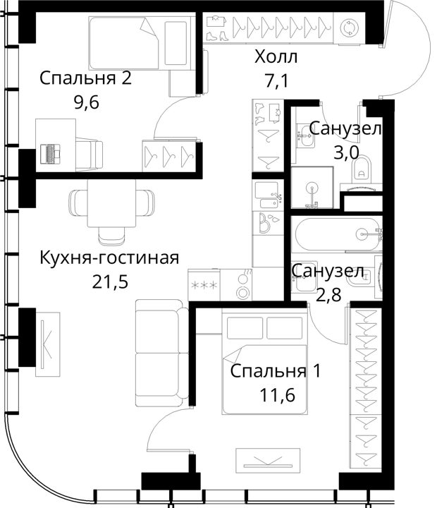 2-комнатная квартира, 55,6 м² — фото 1