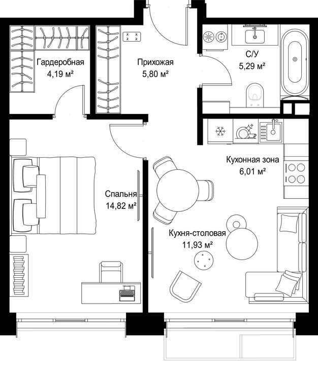 1-комнатная квартира, 48 м² — фото 1
