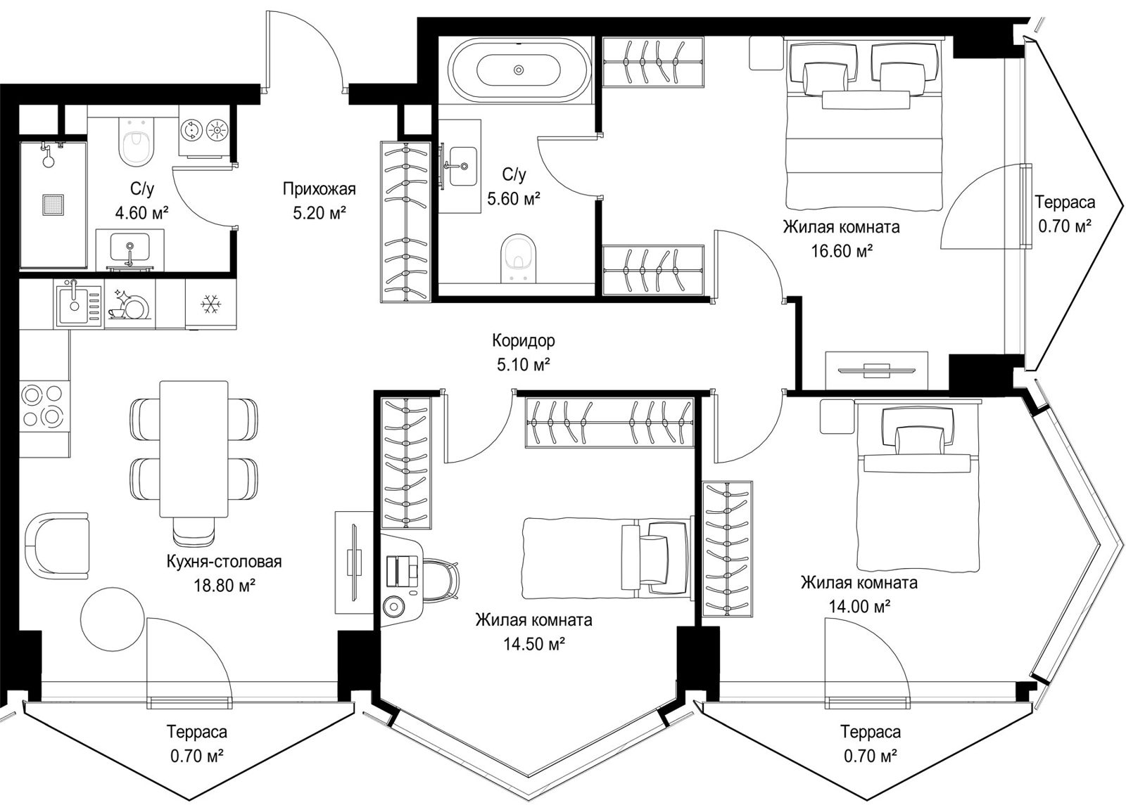 3-комнатная квартира, 86,5 м²