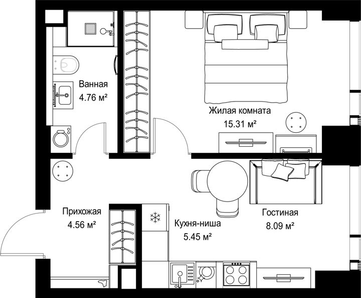 1-комнатная квартира, 38,2 м²