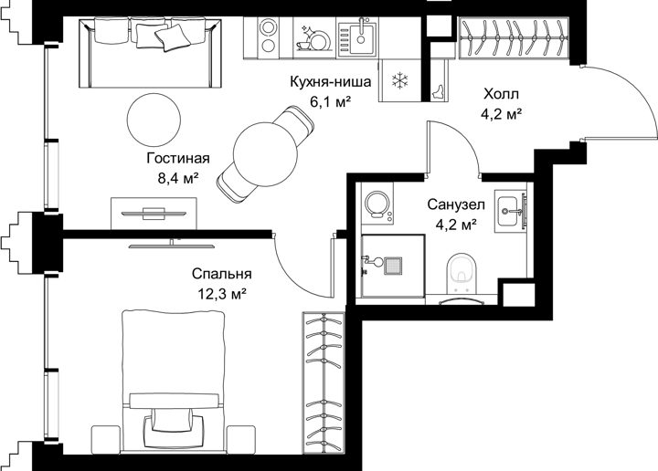 1-комнатная квартира, 35,2 м²