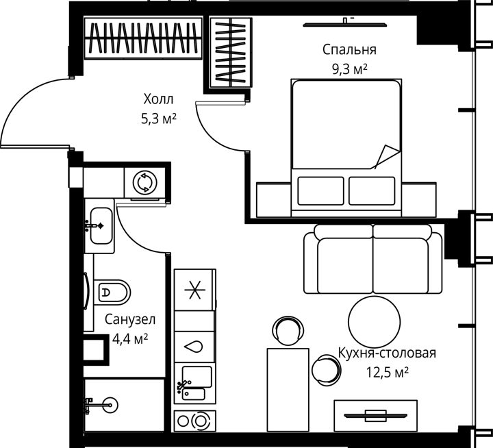1-комнатная квартира, 31,5 м²