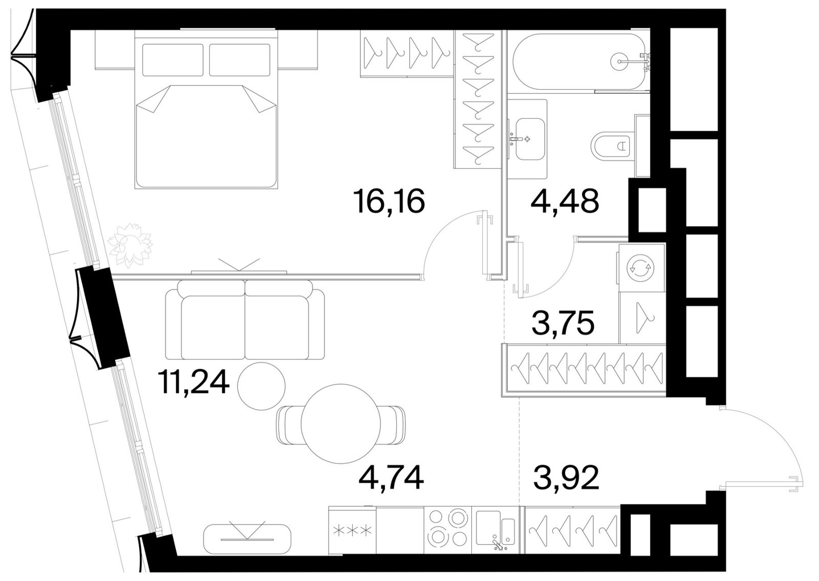 1-комнатная квартира, 44,3 м²