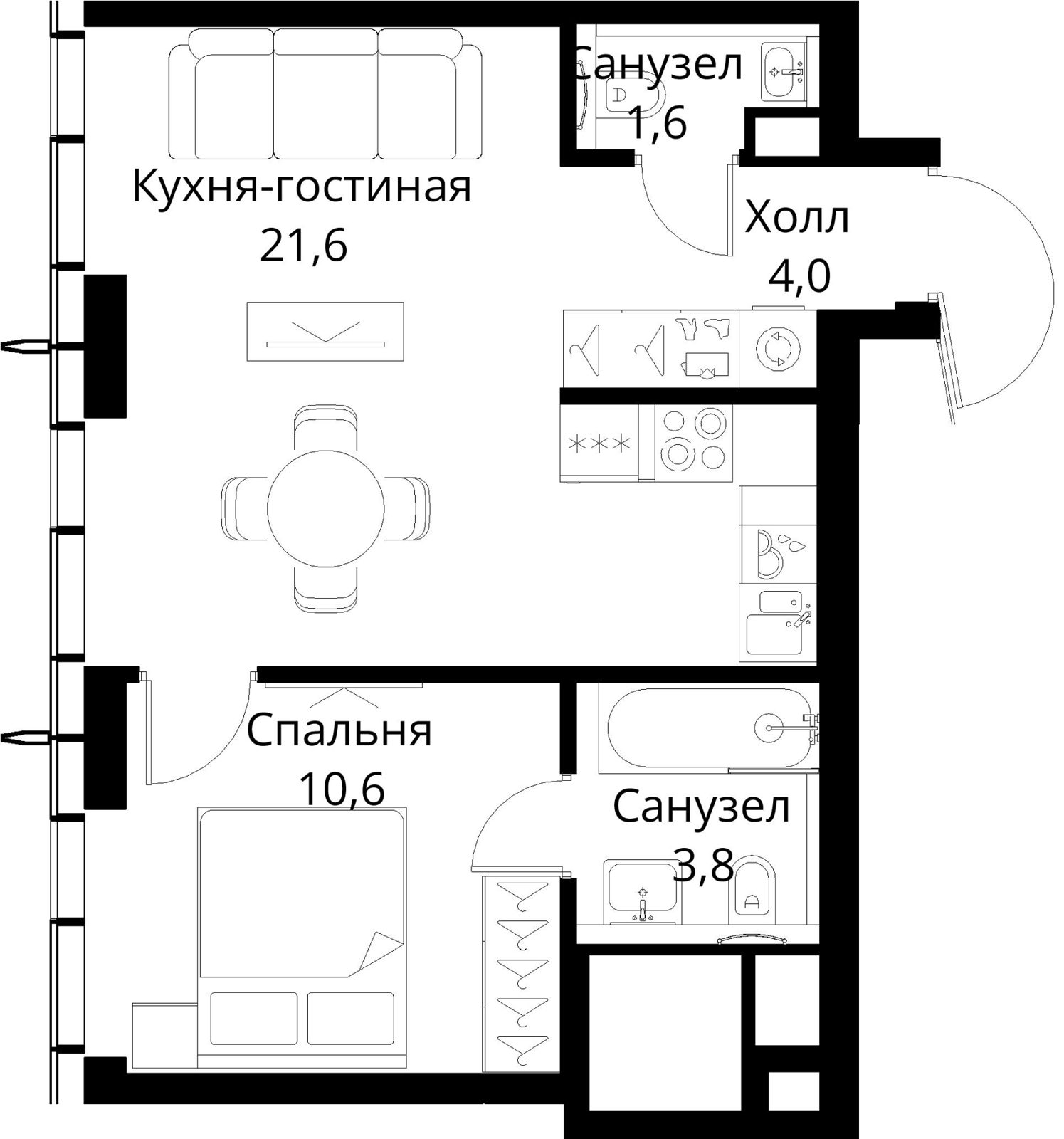 1-комнатная квартира, 41,6 м²