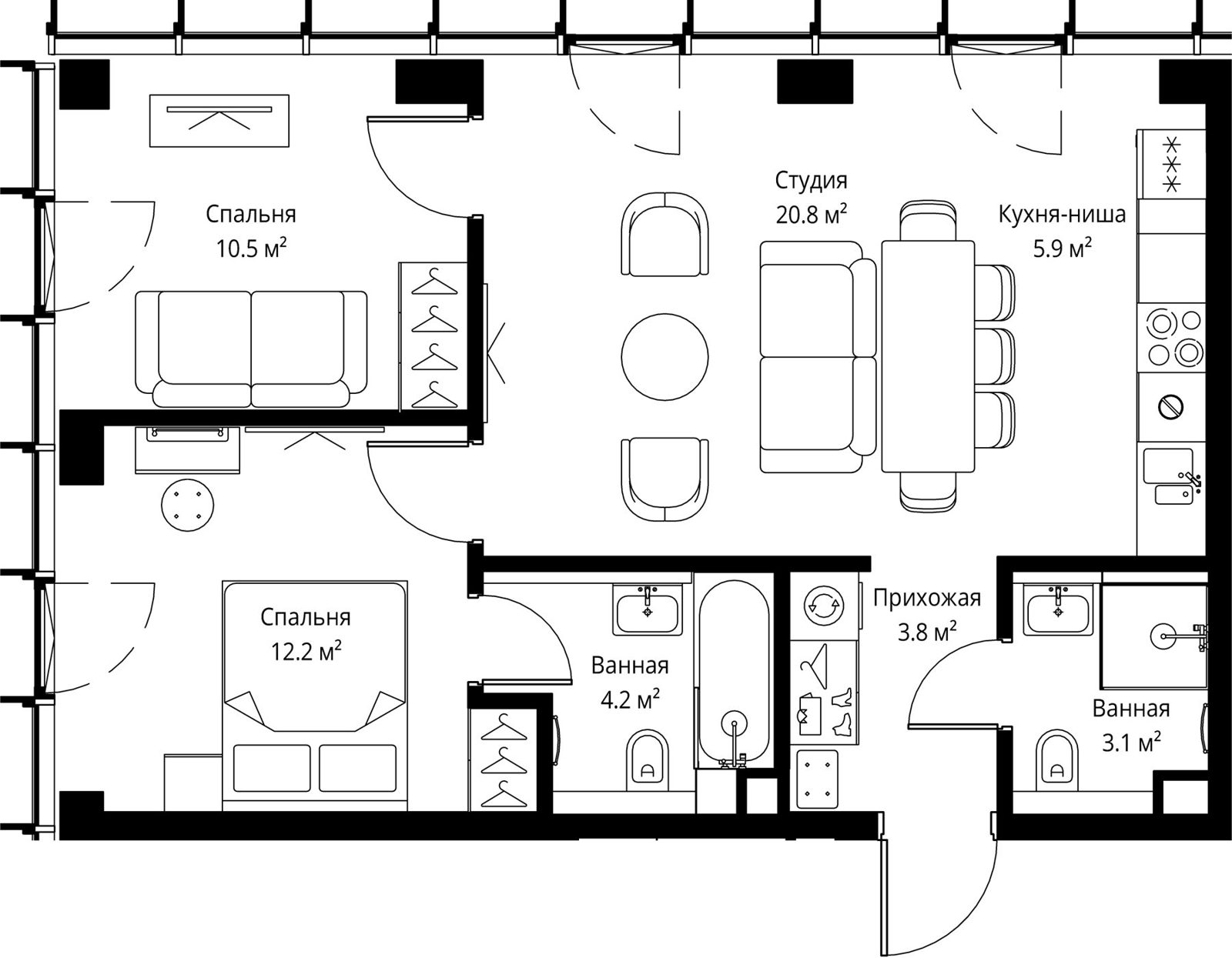 2-комнатная квартира, 60,5 м²