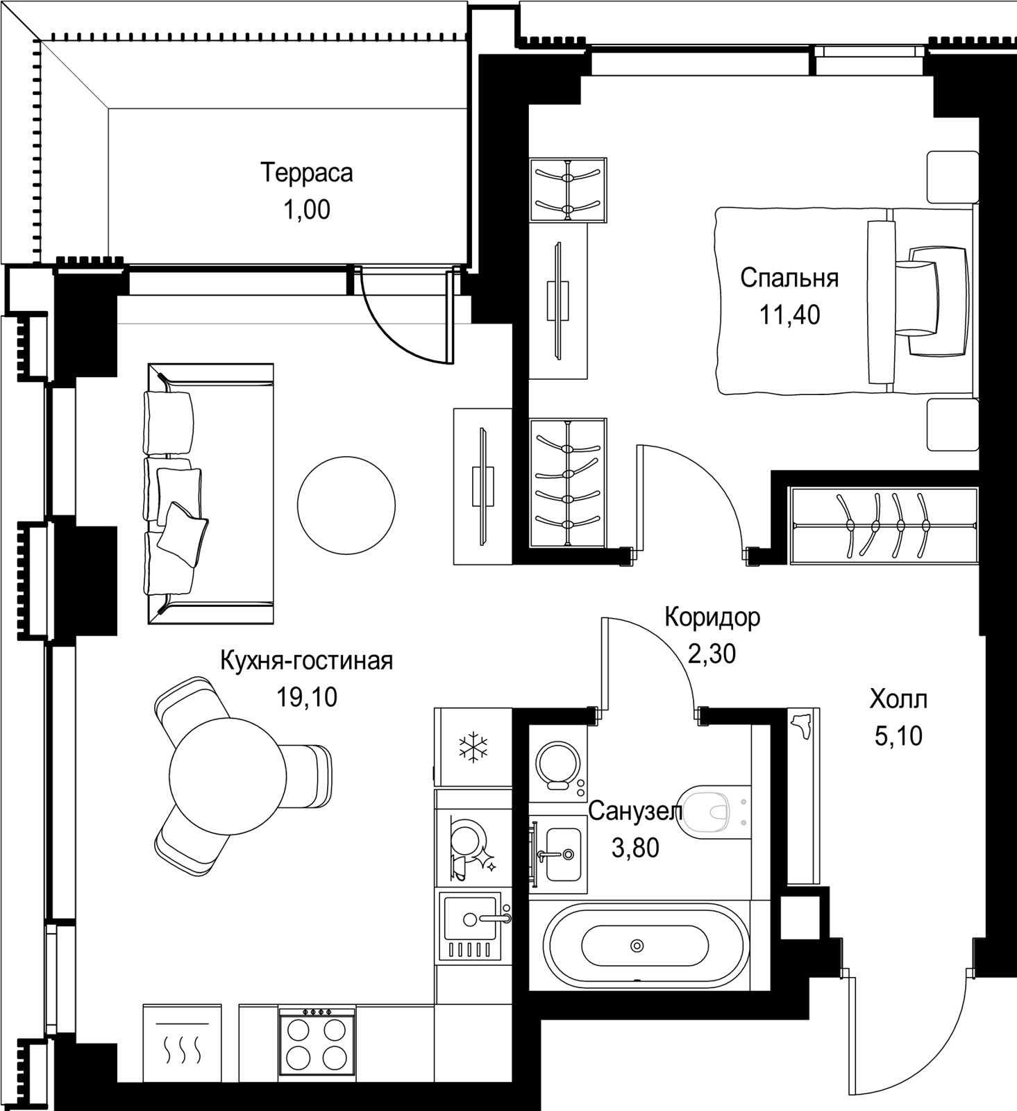 1-комнатная квартира, 42,7 м²