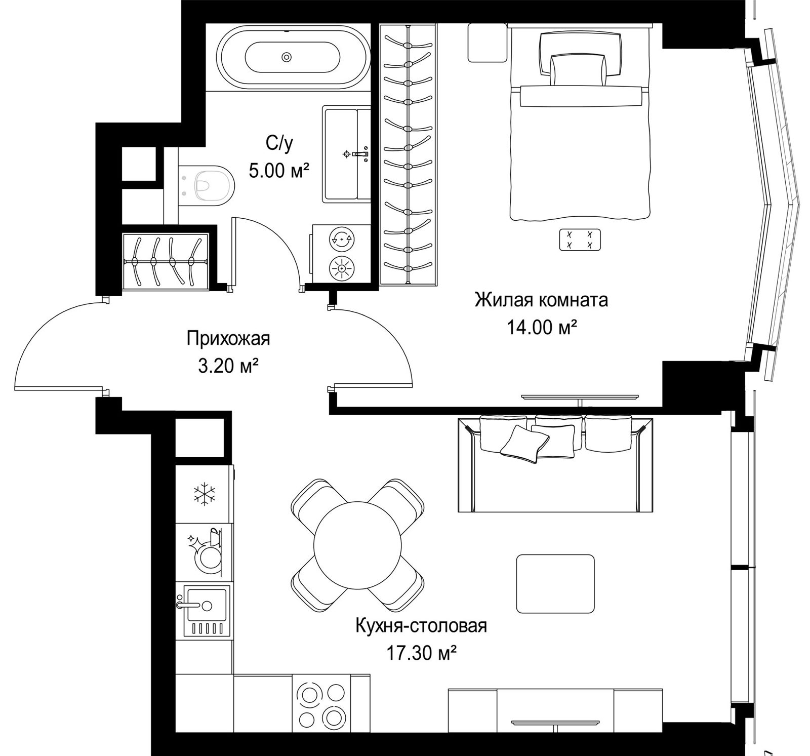 1-комнатная квартира, 39,5 м²