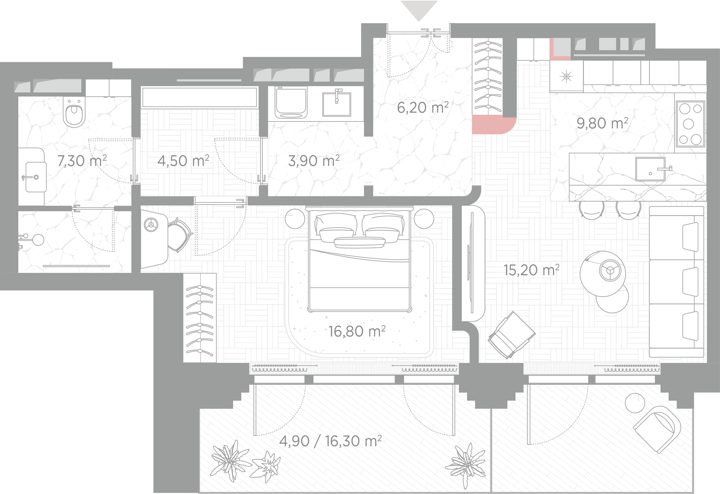 1-комнатная квартира, 68,6 м²