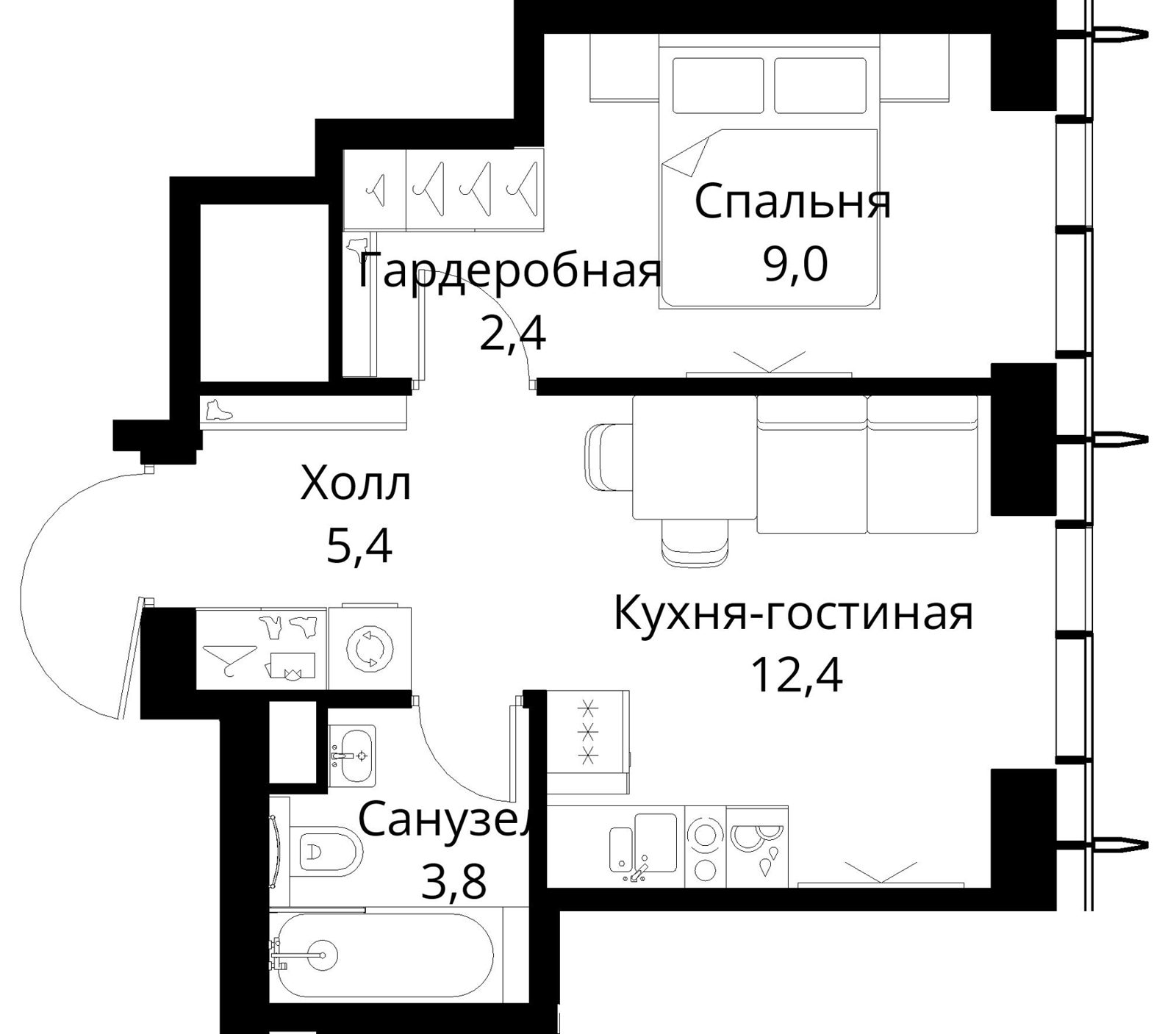1-комнатная квартира, 33 м²