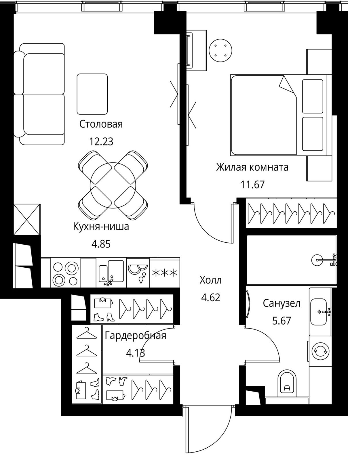 1-комнатная квартира, 43,2 м²