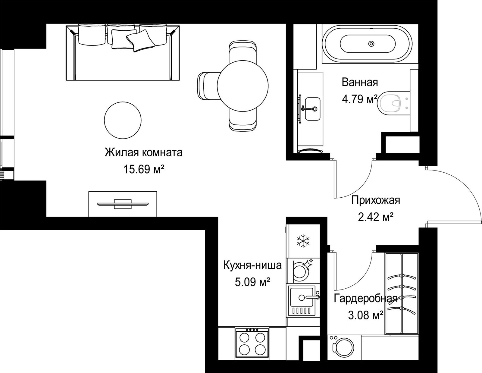 Квартира-студия, 31,1 м²