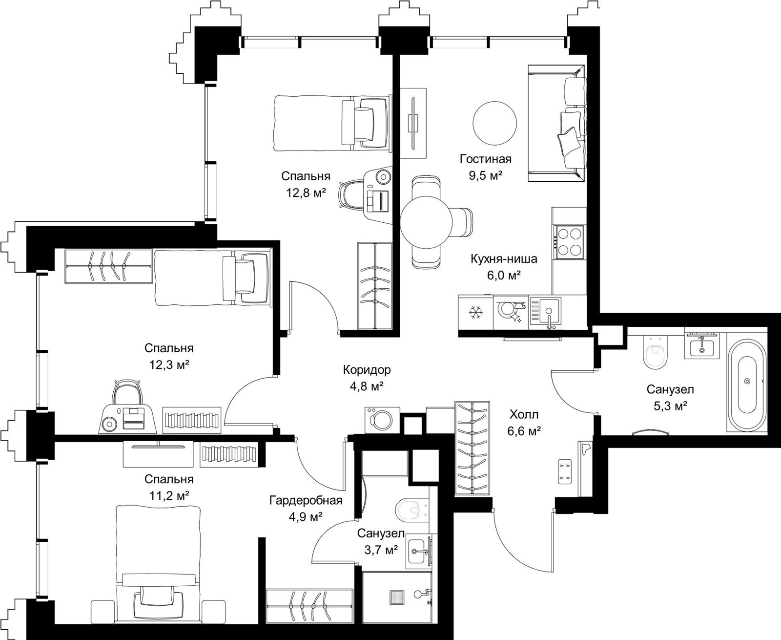 3-комнатная квартира, 77,1 м²