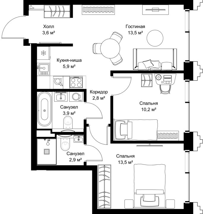 2-комнатная квартира, 56,3 м²