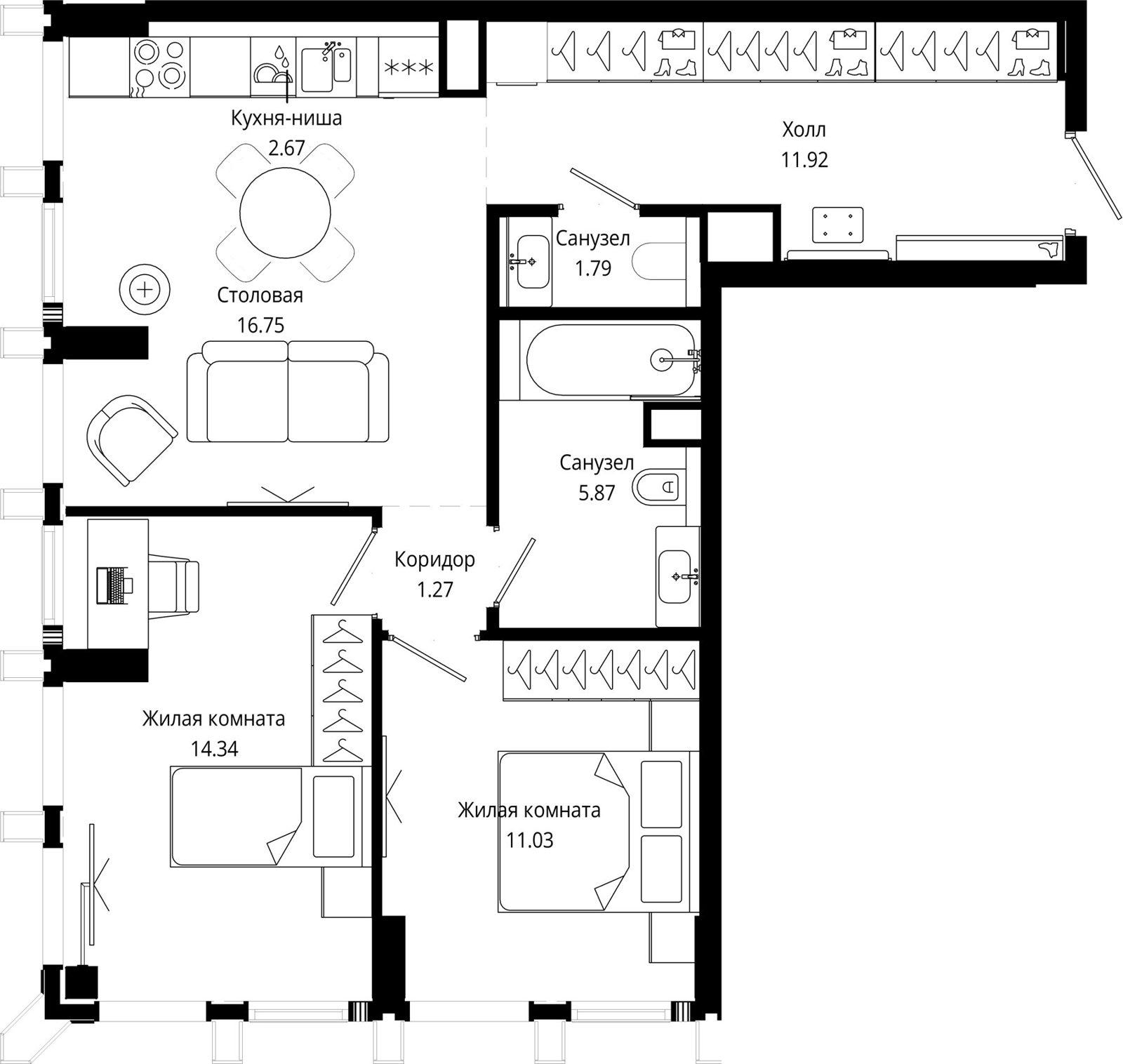 2-комнатная квартира, 65,8 м²