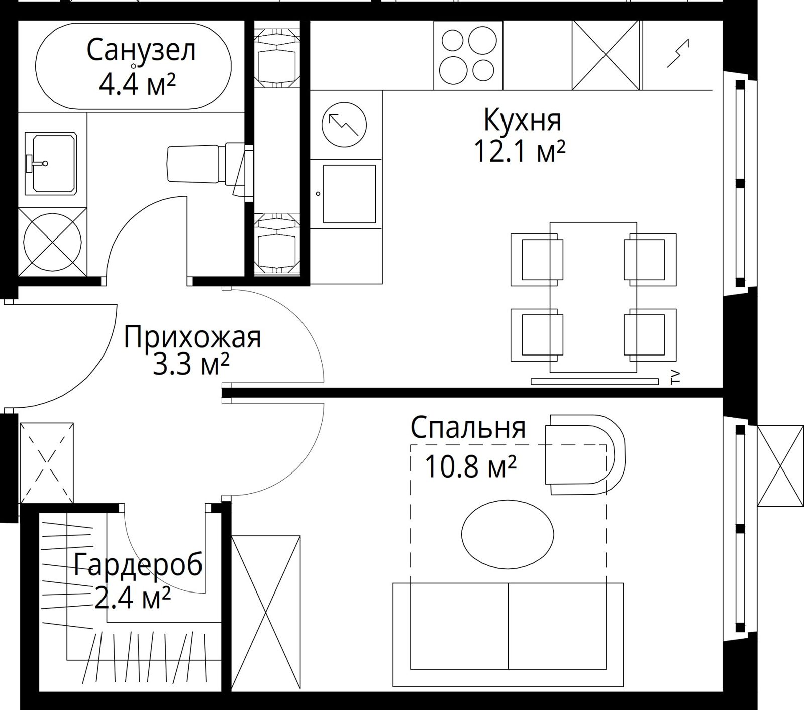 1-комнатная квартира, 33 м²